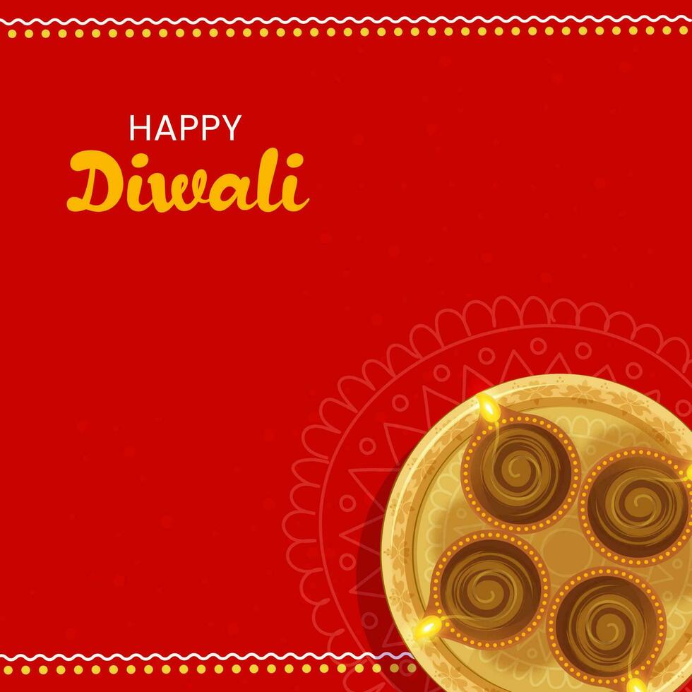 glücklich Diwali Feier Konzept mit oben Aussicht golden Teller von zündete Öl Lampen auf rot Hintergrund. vektor
