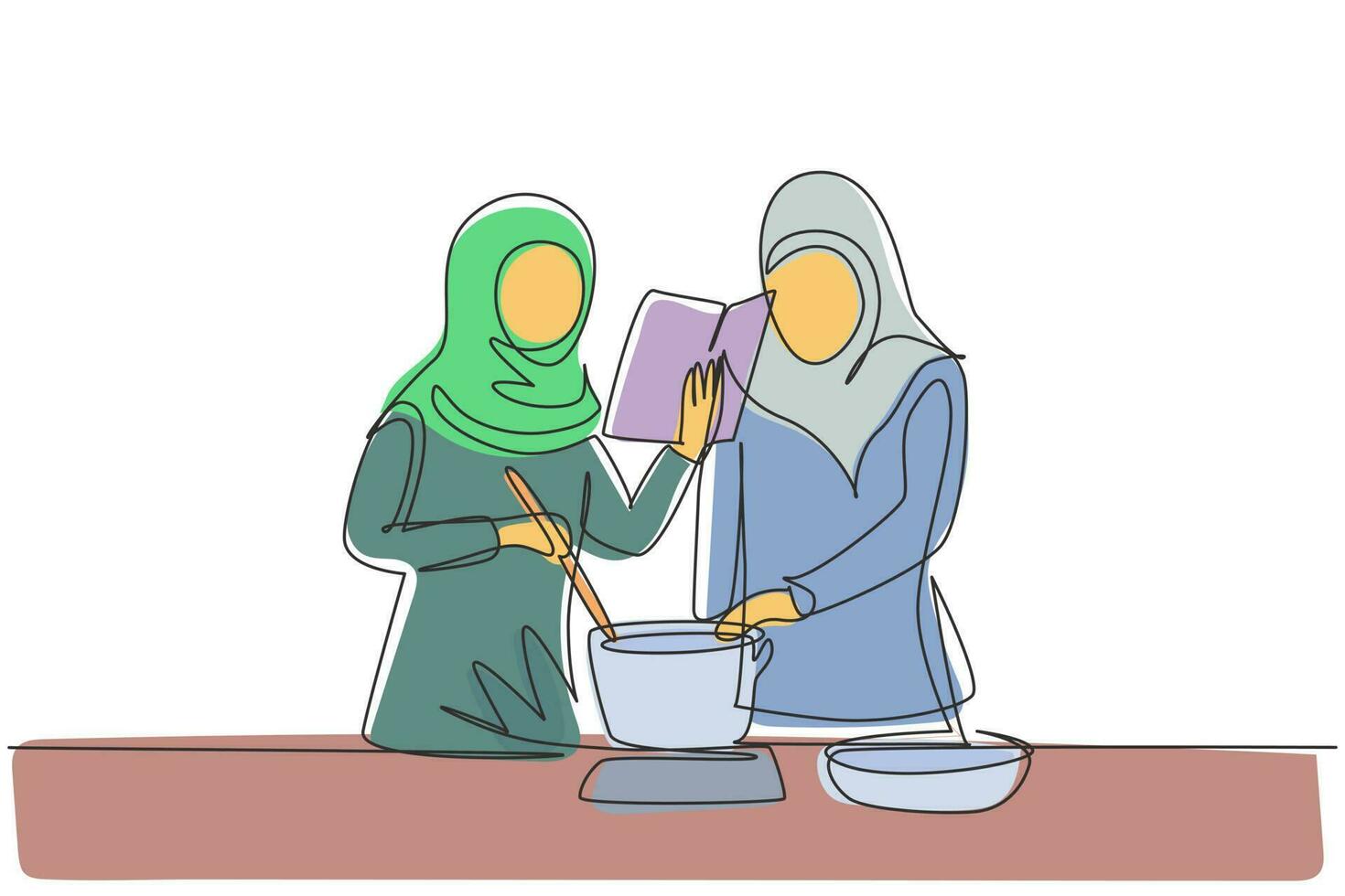 enda kontinuerlig linje teckning ung arab man innehav flaska i ett hand och glas av orange juice i de Övrig medan har frukost på Hem. dynamisk ett linje dra grafisk design vektor illustration