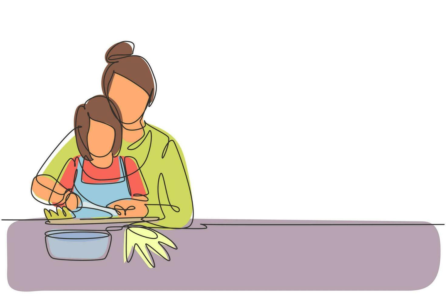 enda kontinuerlig linjeteckning mamma lär sin lilla dotter att skära grönsaker och frukt. hälsosam mat hemma. lycklig familj i köket. dynamisk en rad rita grafisk design vektorillustration vektor