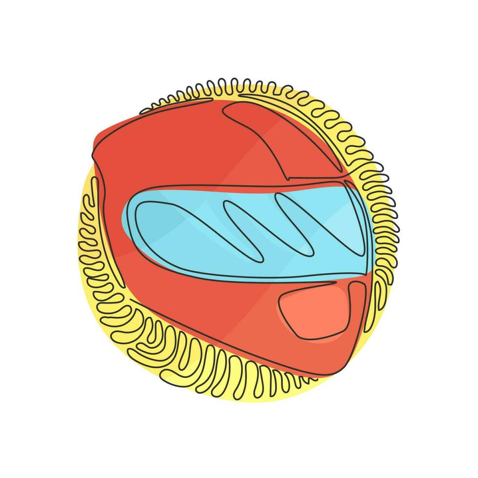 Motorradsporthelm mit durchgehender Strichzeichnung. Racer-Helm-Logo. motorsport auto kart renntransport sicherheitskonzept. Wirbel-Curl-Kreis-Hintergrundart. dynamische einzeilige grafik vektor