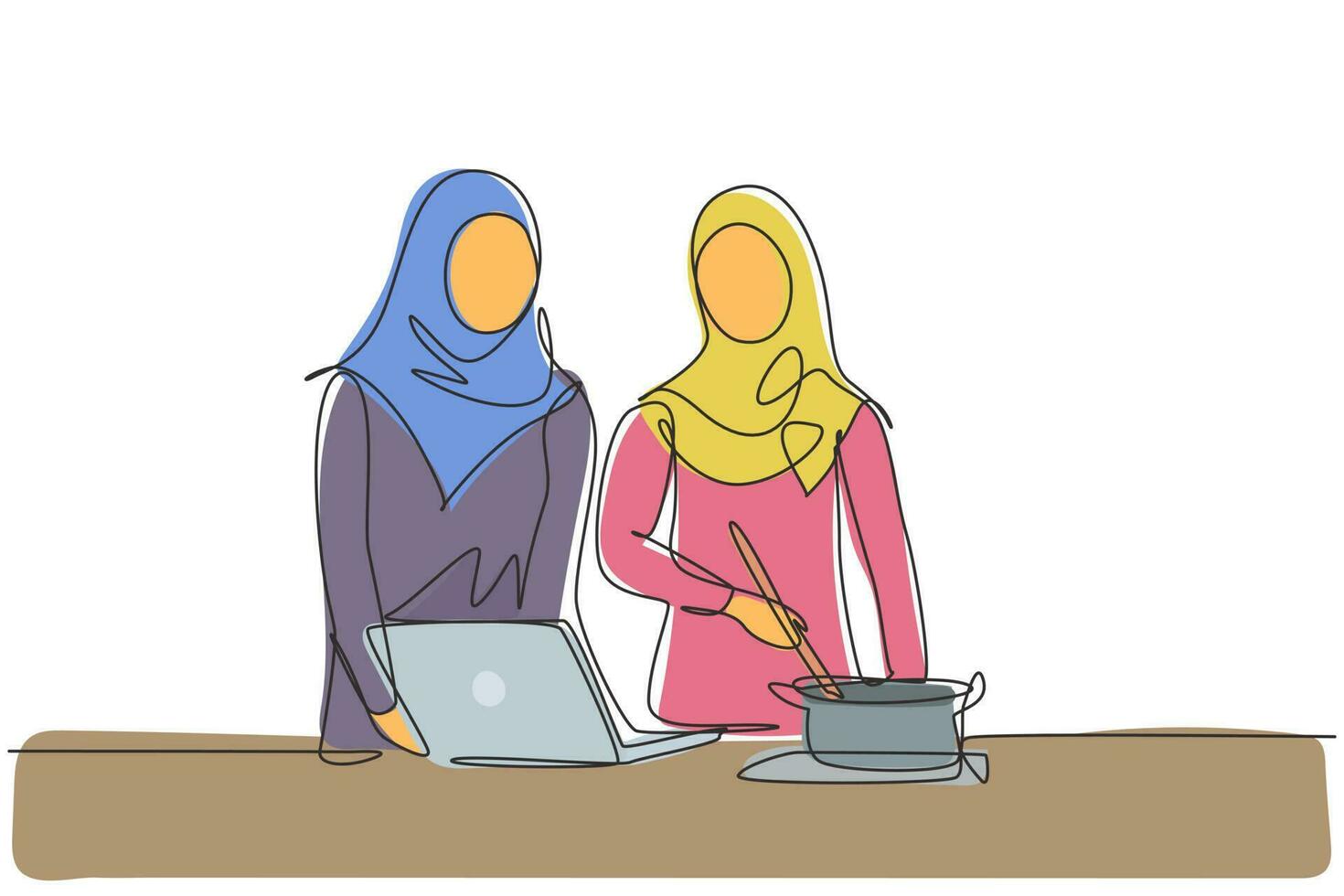 kontinuerlig ett linje teckning ung arab kvinna innehav flaska i ett hand och glas av orange juice i de Övrig medan har frukost på Hem. enda linje dra design vektor grafisk illustration
