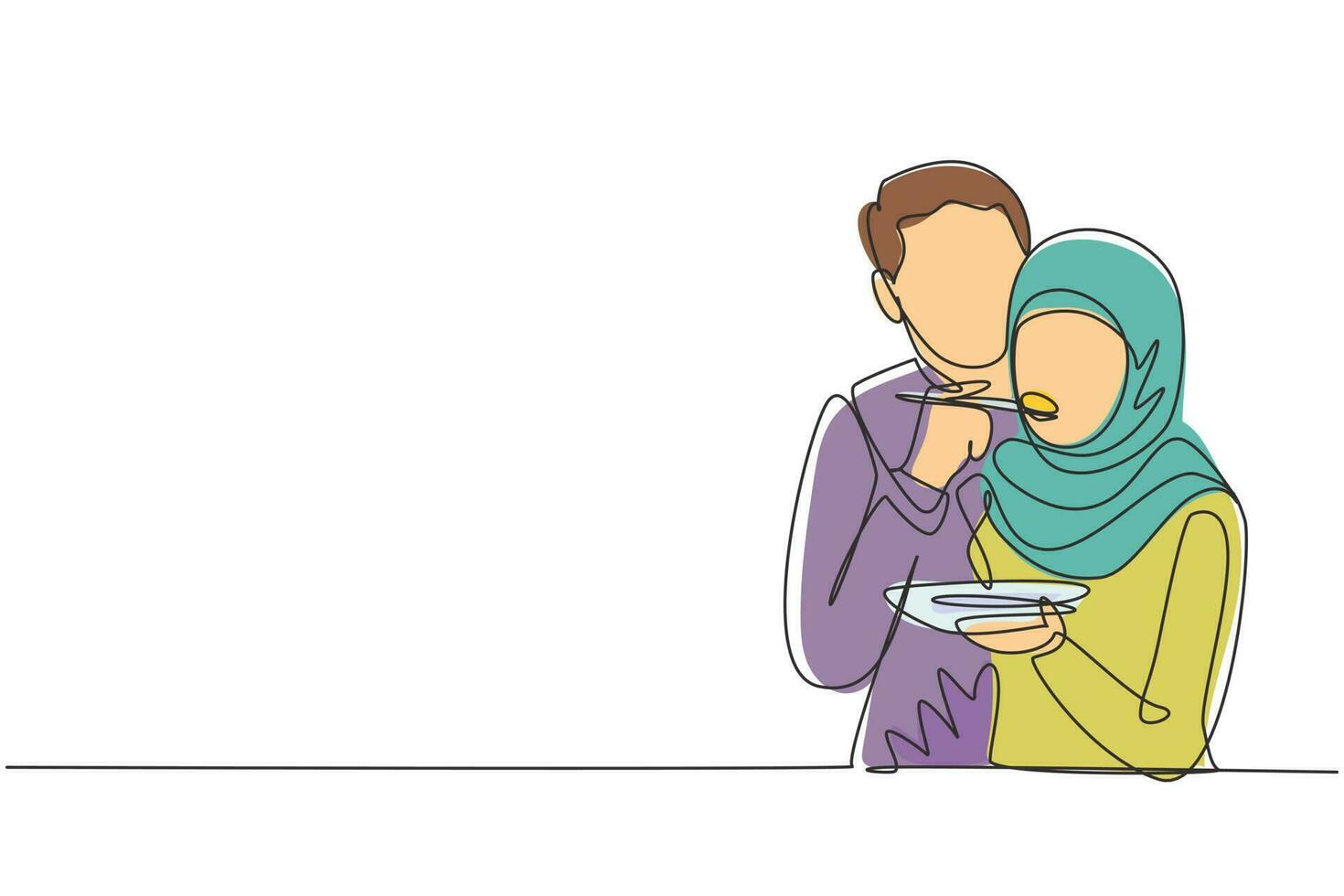 einzelne durchgehende Linie, die romantischen arabischen Mann füttert, der Frau zum Frühstück füttert. Feiern Sie Hochzeitsjubiläen und genießen Sie romantische Momente zu Hause. dynamische eine linie zeichnen grafikdesign vektorillustration vektor