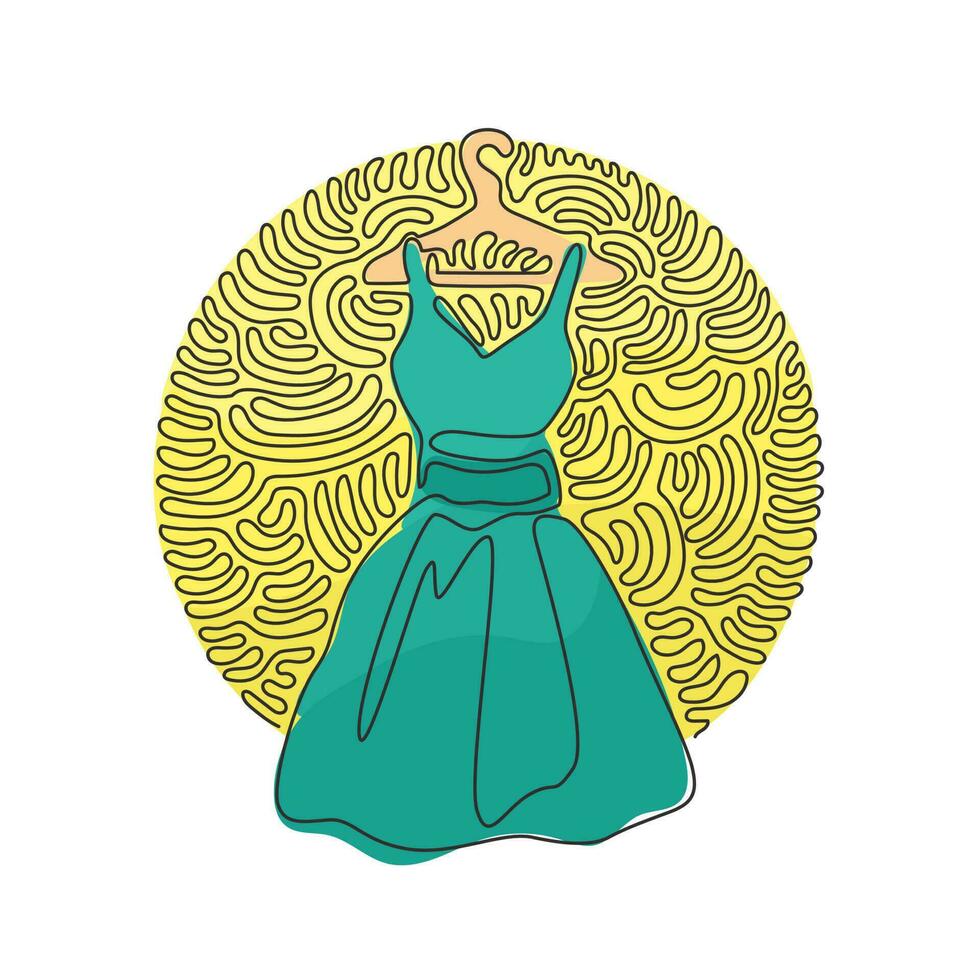 durchgehende einzeilige zeichnung elegantes kleid auf schultern symbol. Kleiderbügel. Bekleidungsgeschäft. Modegeschäft. Wirbel-Curl-Kreis-Hintergrundart. einzeiliges zeichnen design vektorgrafik illustration vektor