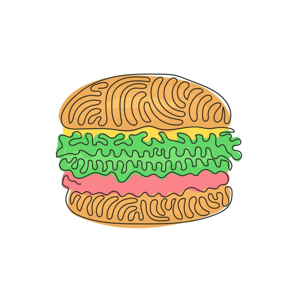 einzelne strichzeichnung hamburger, cheeseburger. brötchen mit schnitzel, käse, salat, tomate. Amerikanisches Straßenfastfood. Swirl-Curl-Stil. moderne grafische vektorillustration des ununterbrochenen zeichnendesigns vektor