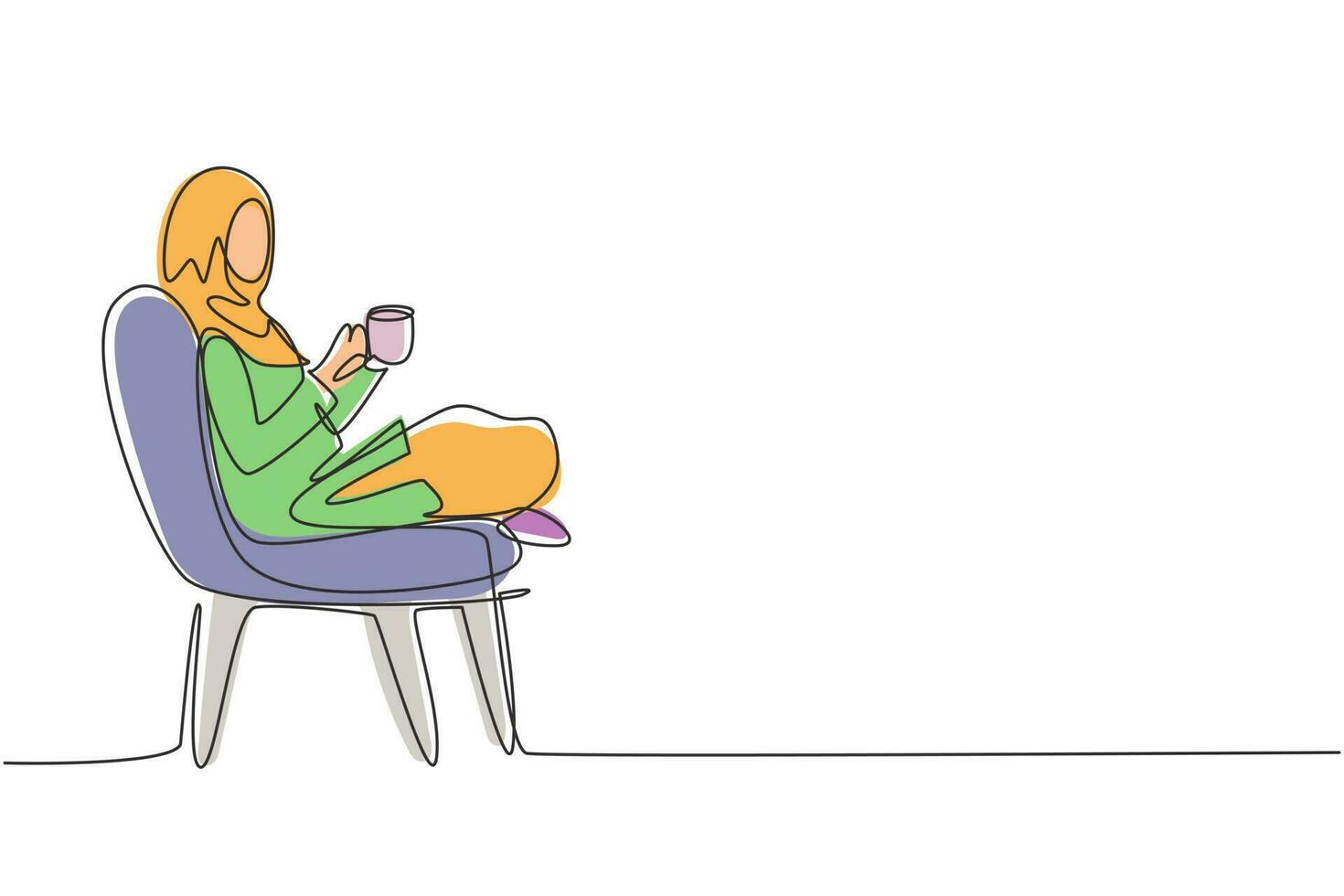 kontinuerlig ett linje teckning te tid. avslappnad arab flicka Sammanträde i modern stol, njuter varm kaffe i främre av fönster, sida se, fri Plats. enda linje dra design vektor grafisk illustration