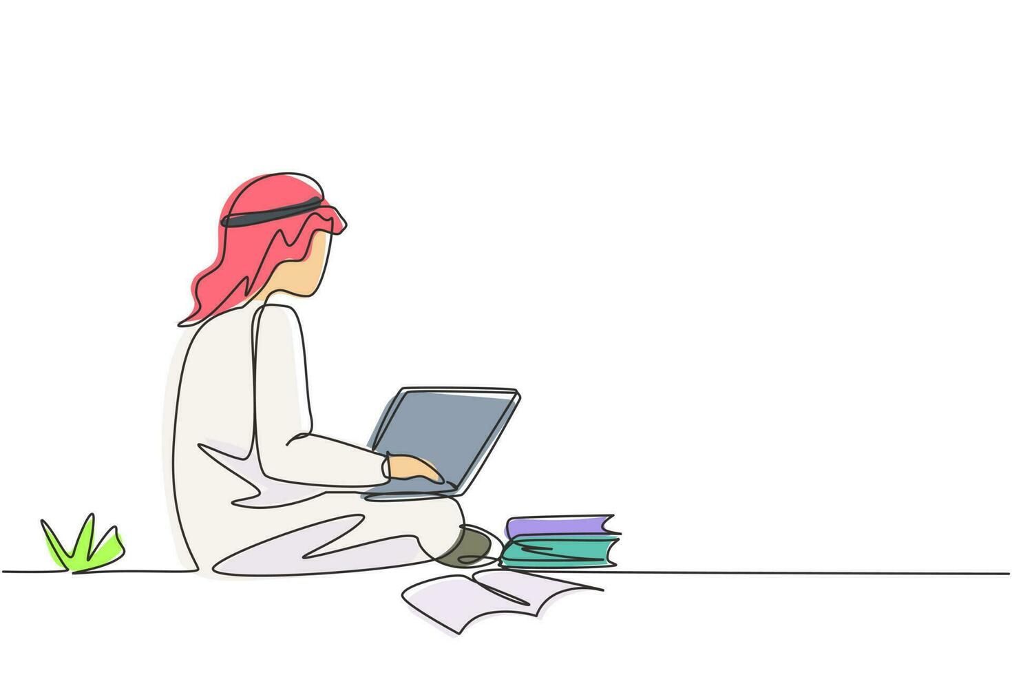 kontinuerlig en rad ritning arabiska manliga studenter studerar med laptop, hög med böcker och sitter i parken. tillbaka till skolan, onlineutbildning. enda rad rita design vektorgrafisk illustration vektor