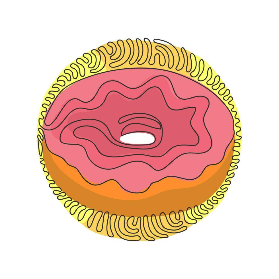 kontinuierliche einzeilige zeichnung schokoladenglasierter ringdonut. süßer Krapfen. appetitlich frische Speisen zum Frühstück. Wirbel-Curl-Kreis-Hintergrundart. einzeiliges zeichnen design vektorgrafik illustration vektor