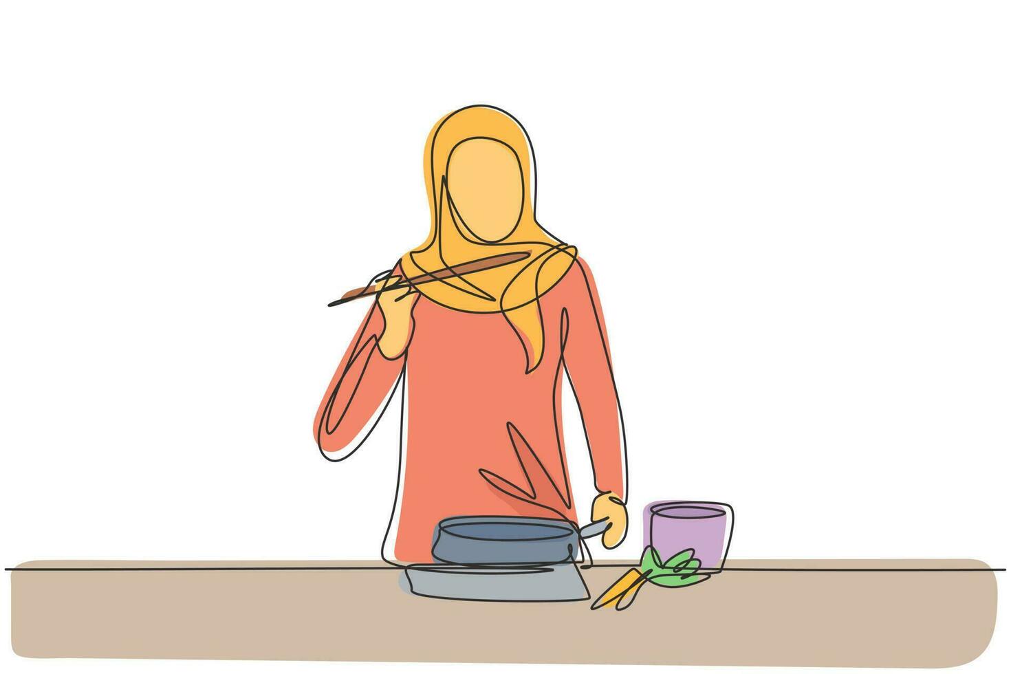 Single einer Linie Zeichnung schön arabisch Frau halt Plastik Tasse und Trinken Orange Saft mit Stroh. machen ihr erfrischend im Sommer- Jahreszeit. modern kontinuierlich Linie zeichnen Design Grafik Vektor Illustration