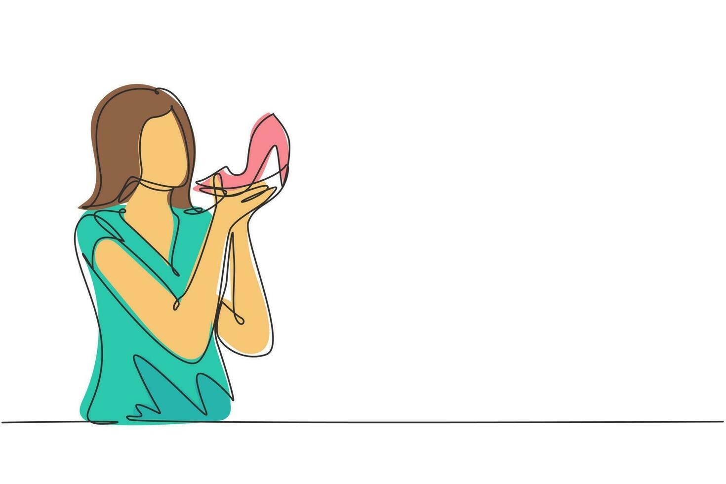 kontinuierlich einer Linie Zeichnung süchtig von hoch Fersen, jung Frau küssen ihr Neu Schuhe. Hobby von Teenager schön Mädchen mit ihr Schuh Sammlung. Single Linie zeichnen Design Vektor Grafik Illustration