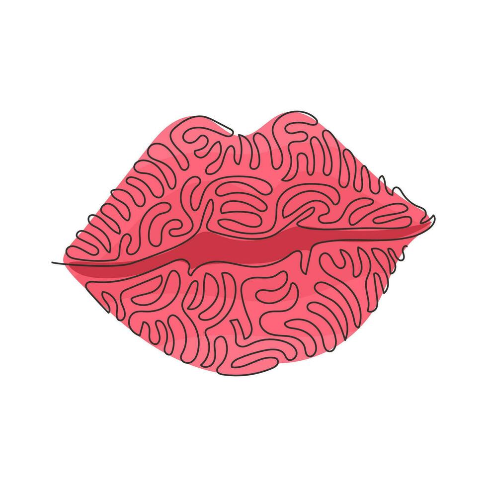 kontinuierliche eine linie, die schöne rote lippen zeichnet. Die Markierung, die nach einem festen Kuss zurückbleibt, wird mit hellem Lippenstift platziert. Kusszeichen-Emoji. Swirl-Curl-Stil. einzeiliges zeichnen design vektorgrafik illustration vektor