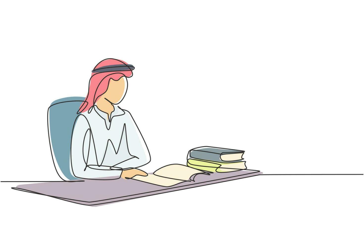 kontinuierliche eine linie, die junge arabische männer liest, lernt und auf einem stuhl um den tisch sitzt. in der Bibliothek studieren. intelligenter Student, Bildungskonzept. Einzeilige Zeichnung Design Vektorgrafik Illustration vektor