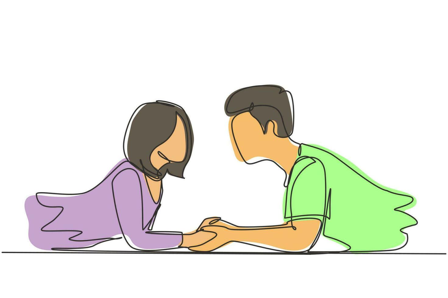 kontinuerlig en rad ritning sidovy av vackra unga par som håller hand, tittar på varandra och ler medan de ligger på golvet hemma. enda rad rita design vektorgrafisk illustration vektor