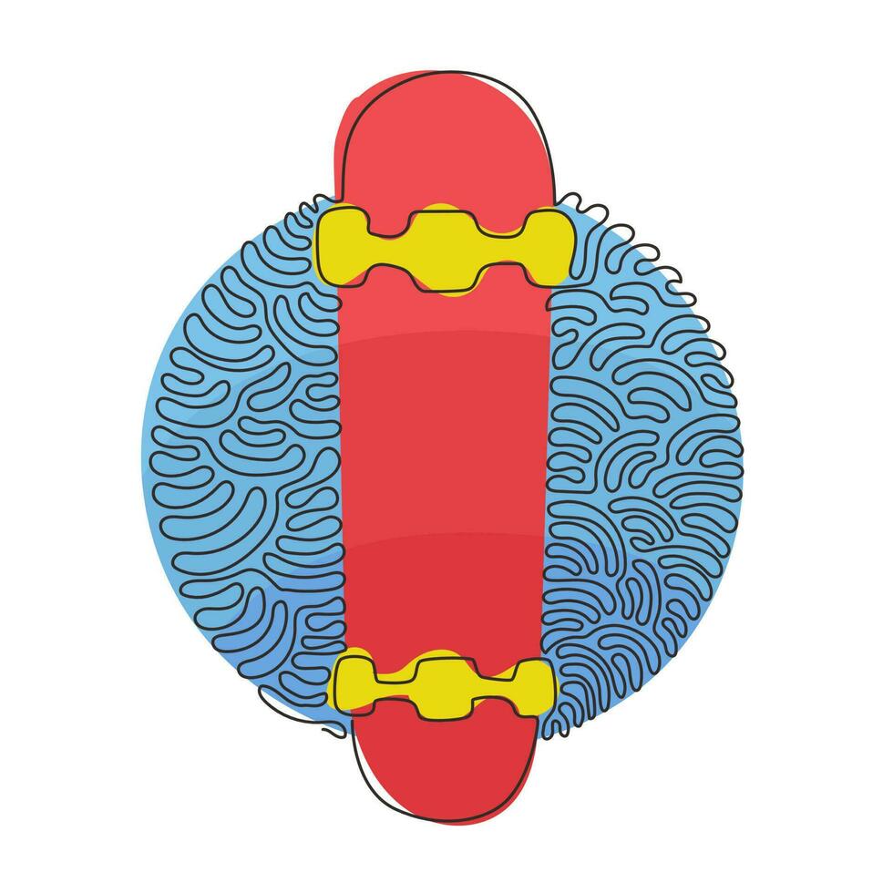 Skateboard mit durchgehender Strichzeichnung, Rückseite. leeres Sperrholz-Skateboard für Freestyle-Fähigkeiten. klares Deck für den Straßensport. Wirbel-Curl-Kreis-Hintergrundart. eine linie zeichnen grafikdesignvektor vektor