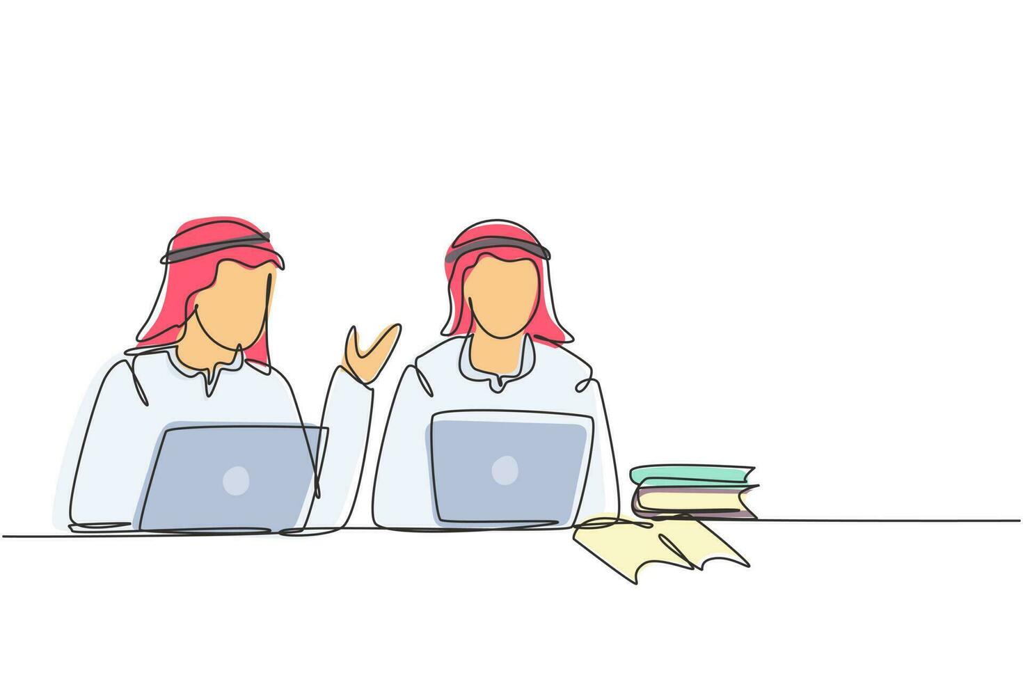kontinuerlig en rad ritning två unga arabiska man studerar med laptop och hög med böcker. tillbaka till skolan, smarta studenter, online utbildning koncept. enda rad rita design vektorgrafisk illustration vektor