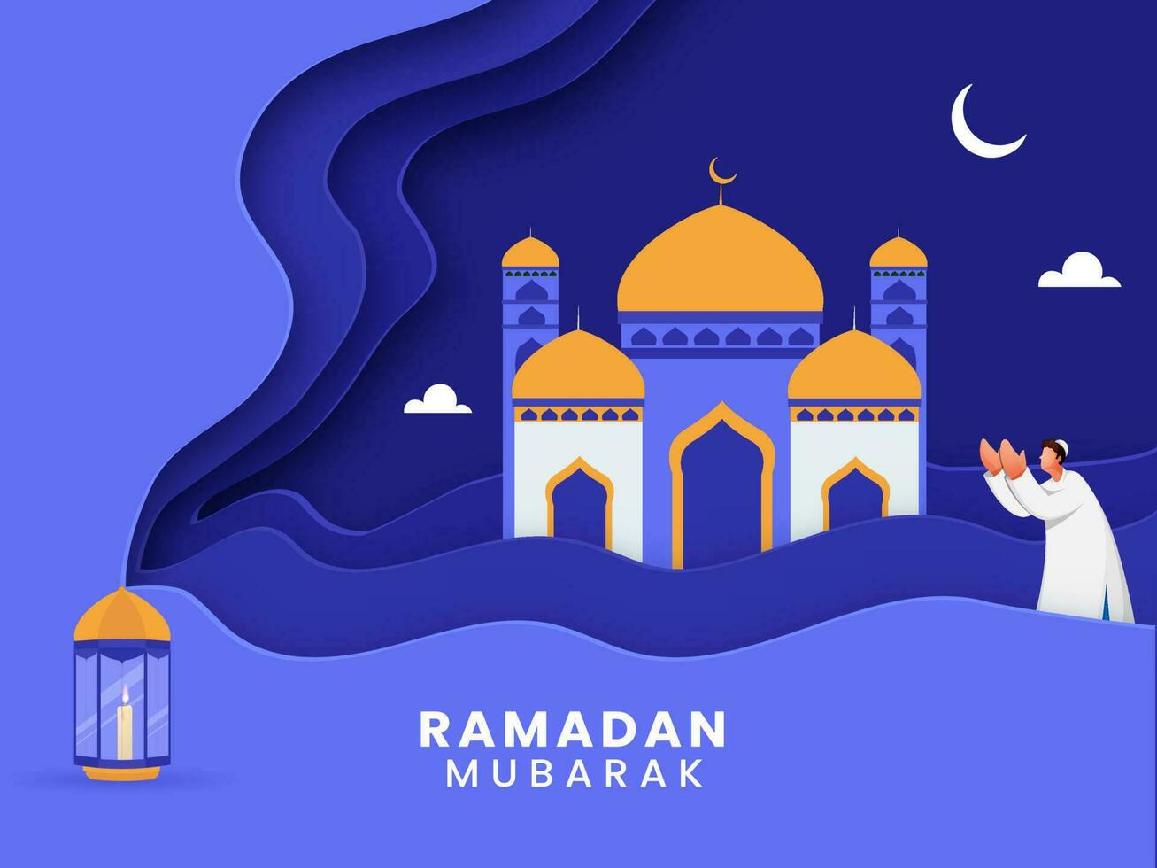 ramadan mubarak begrepp med muslim man erbjudande Namaz, belyst lykta, halvmåne måne och moské på blå papper lager skära bakgrund. vektor
