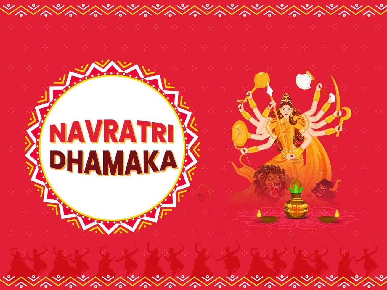 navratri Dhamaka Poster Design mit Göttin Durga maa Skulptur, zündete Öl Lampen und Anbetung Topf, rot Hintergrund. vektor