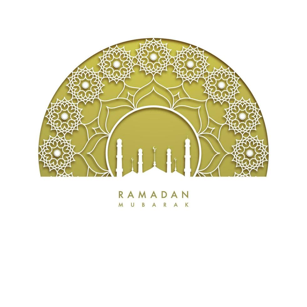 Laser- Schnitt exquisit Hälfte Mandala Rahmen mit Moschee auf Grün und Weiß Hintergrund zum Ramadan Mubarak Konzept. vektor