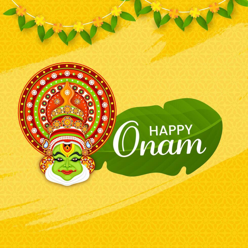 glücklich Onam Feier Konzept mit Kathakali Tänzer Gesicht und traditionell Rennen auf Gelb Blumen- Muster Hintergrund. vektor