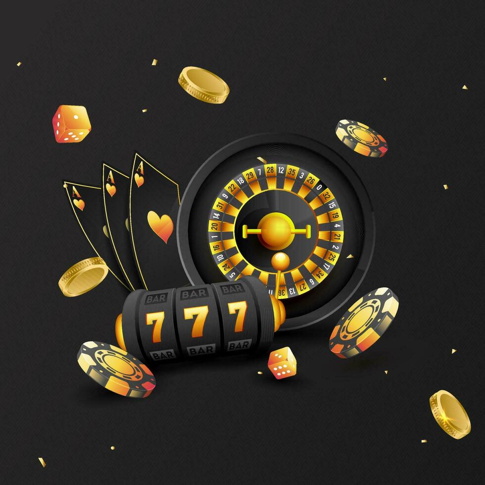 3d Kasino Elemente wie Slot Maschine, Roulette Rad, Poker Chips, As Karten und golden Münzen auf schwarz Hintergrund. vektor