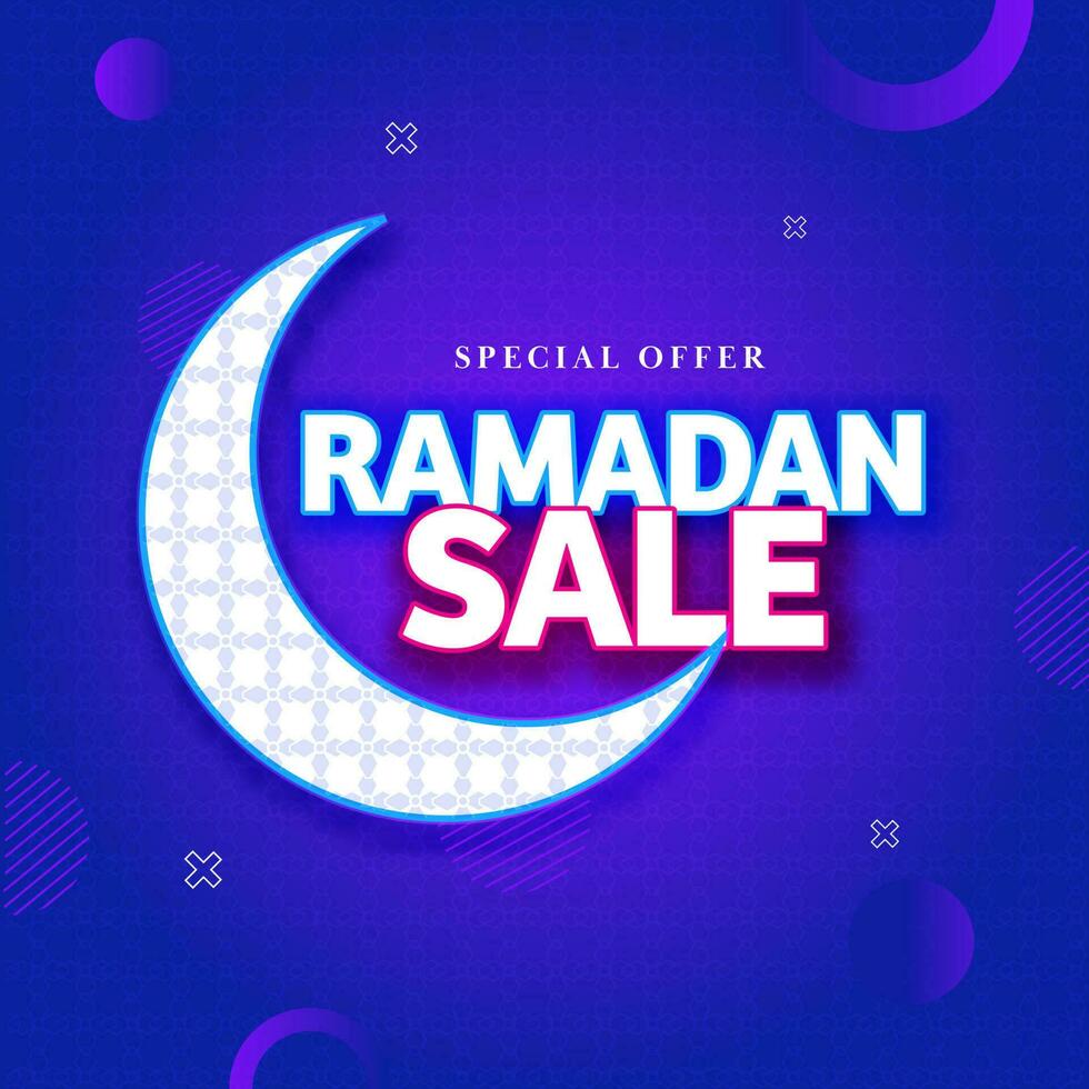 Ramadan Verkauf Poster Design mit Halbmond Mond auf Blau geometrisch Elemente Hintergrund. vektor