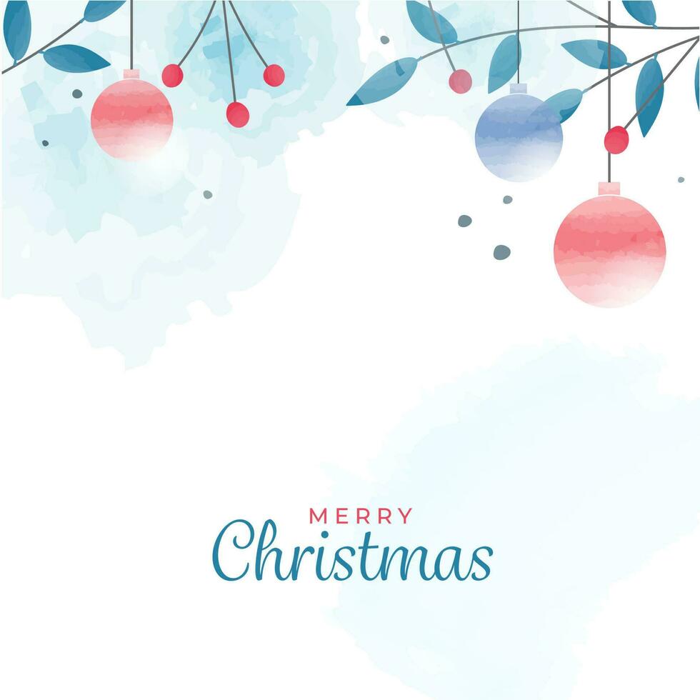 glad jul affisch design med grannlåt hänga, botanisk bär gren och blå vattenfärg effekt på vit bakgrund. vektor