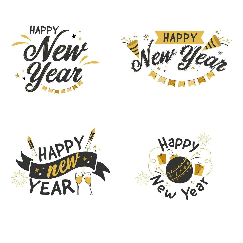 einstellen von glücklich Neu Jahr Schriftart mit explodiert Party Popper, Toast Glas, Flitter auf Weiß Hintergrund. vektor