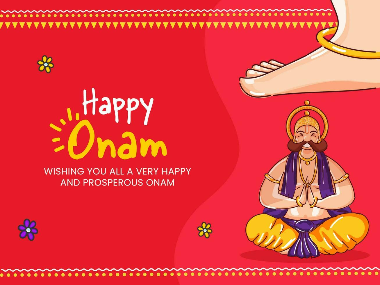 Lycklig onam firande hälsning kort med vamana ben över kung mahabali på röd bakgrund. vektor