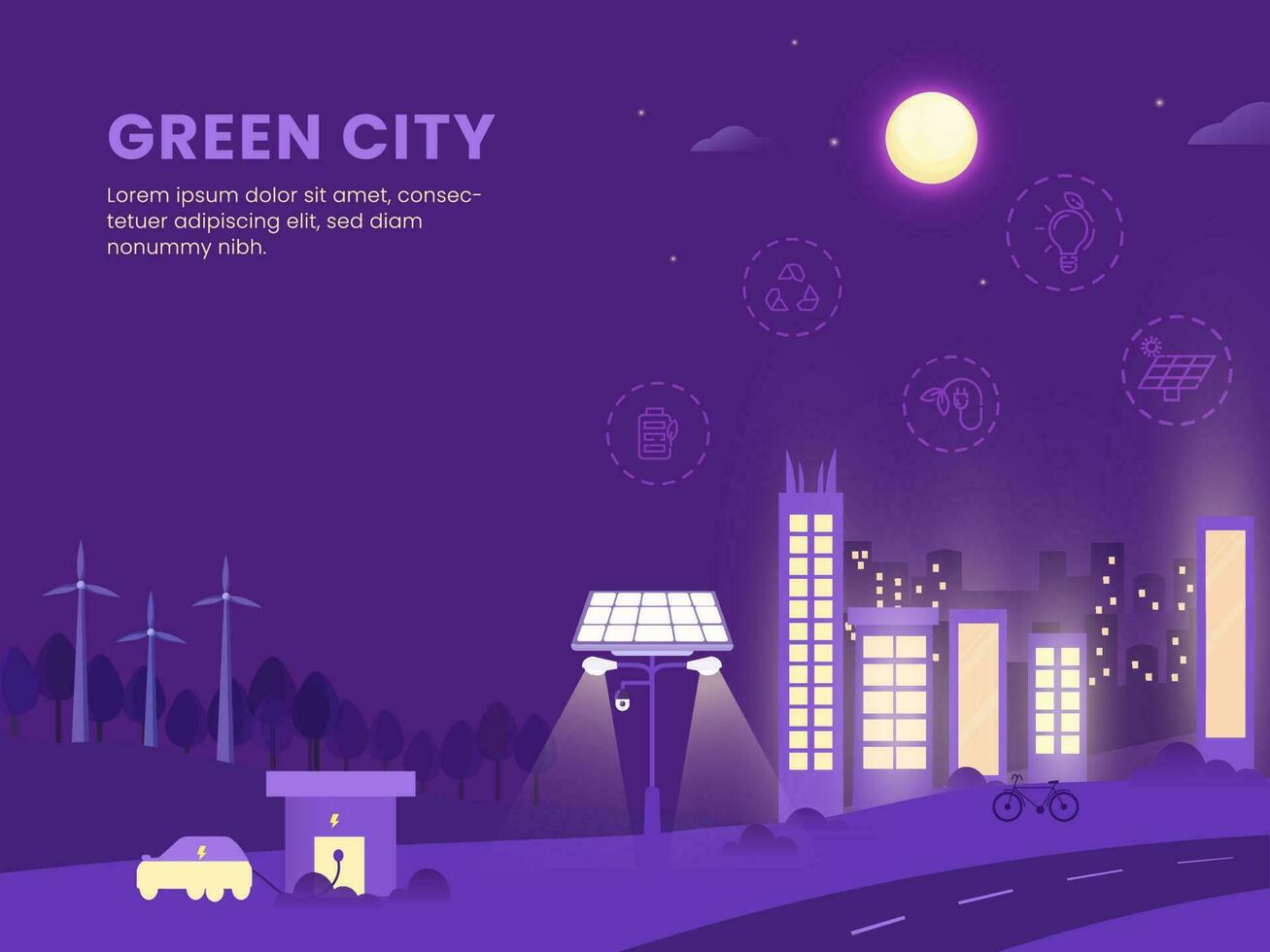 grön stad begrepp baserad affisch design med byggnader, sol- gata ljus och bil laddning station på lila full måne bakgrund. vektor