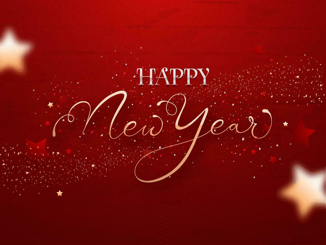 golden und Silber Text glücklich Neu Jahr mit Konfetti auf rot hölzern Textur Hintergrund vektor
