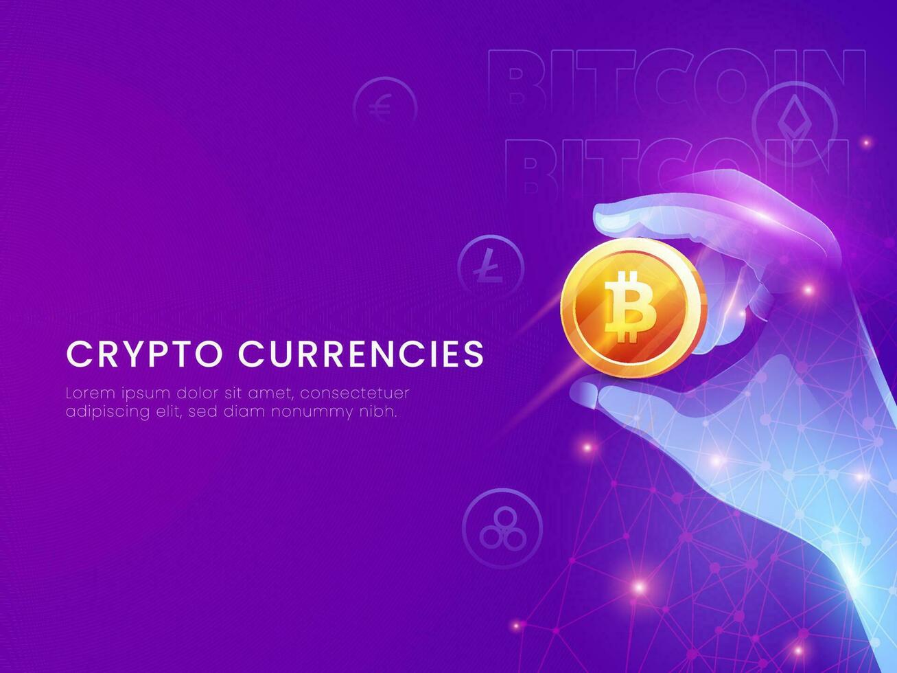 Krypto Währungen Konzept basierend Poster Design mit futuristisch Hand halten 3d golden Bitcoin auf lila Hintergrund. vektor