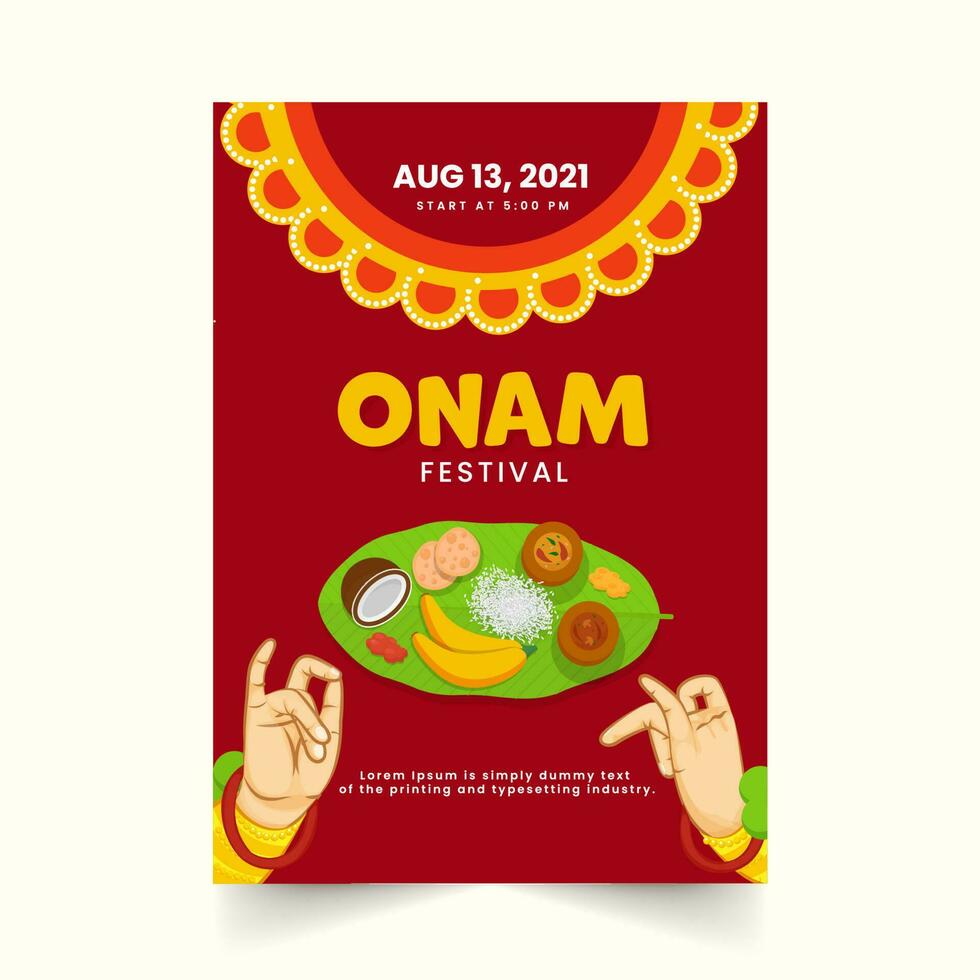 Onam Festival Einladung oder Flyer Design mit sadhya Essen und Kathakali Hand Gesten im rot Farbe. vektor