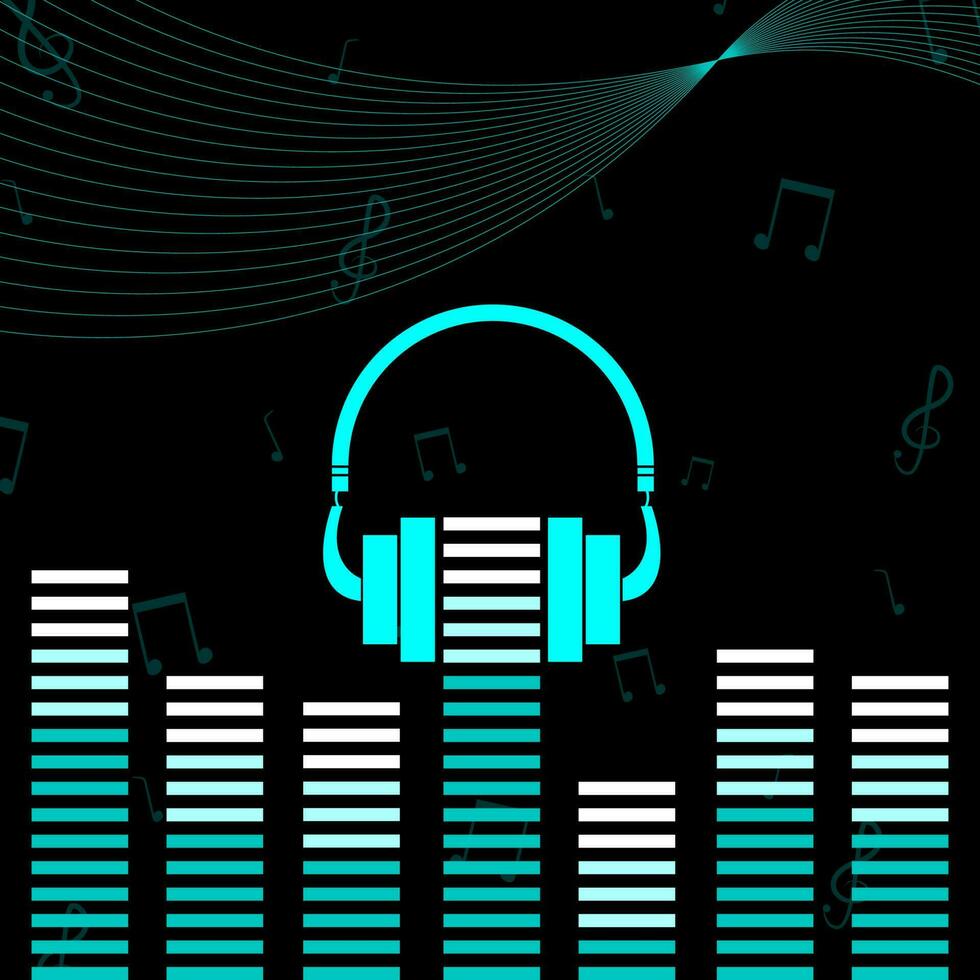 Musik- Equalizer Hintergrund mit Kopfhörer im cyan und schwarz Farbe. vektor