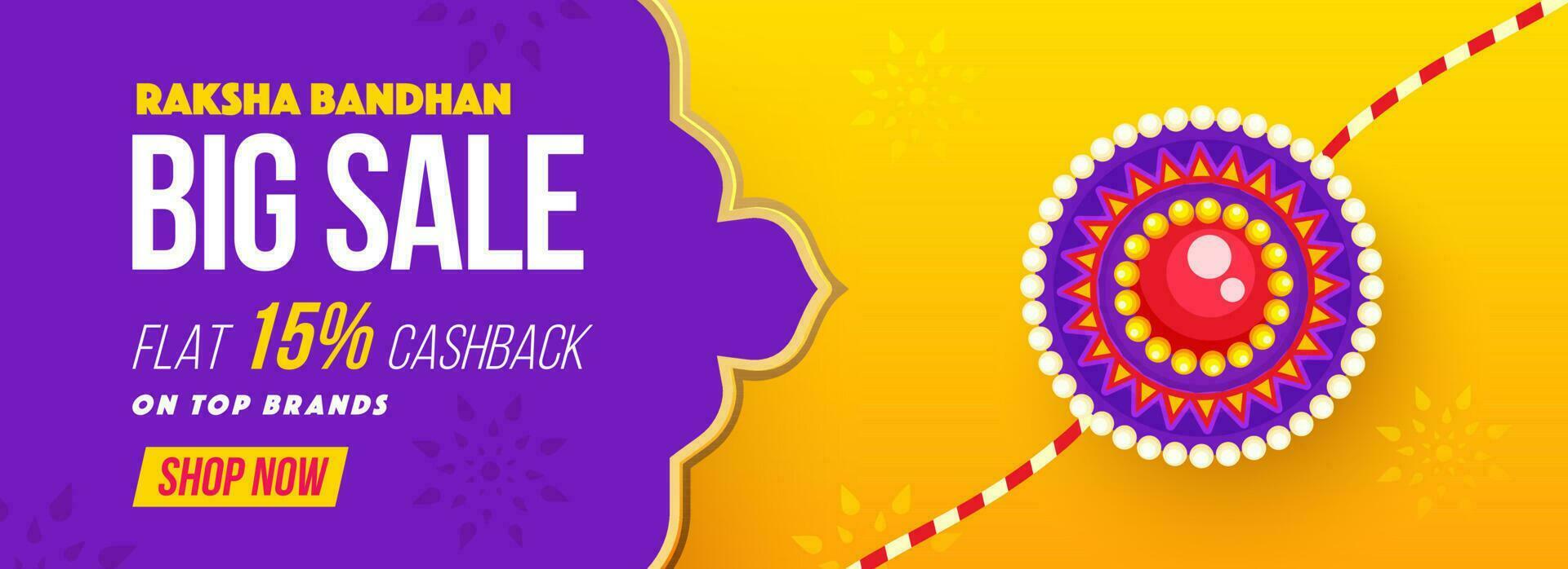 Raksha Bandhan groß Verkauf Banner oder Header Design mit Blumen- Rakhi im lila und Gelb Farbe. vektor