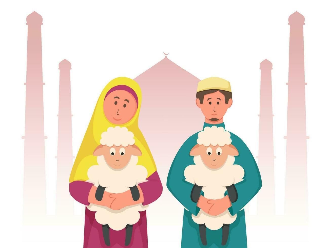 jung Muslim Mann und Frau halten Schaf auf Silhouette Moschee Weiß Hintergrund. vektor