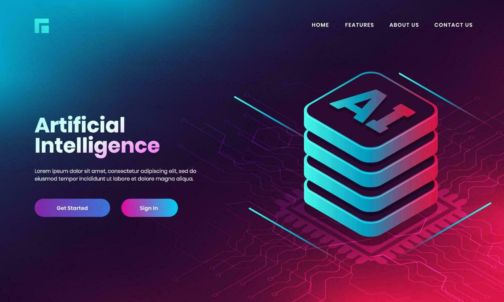 artificiell intelligens ai begrepp baserad landning sida design med 3d ai webb server på digital krets bakgrund. vektor