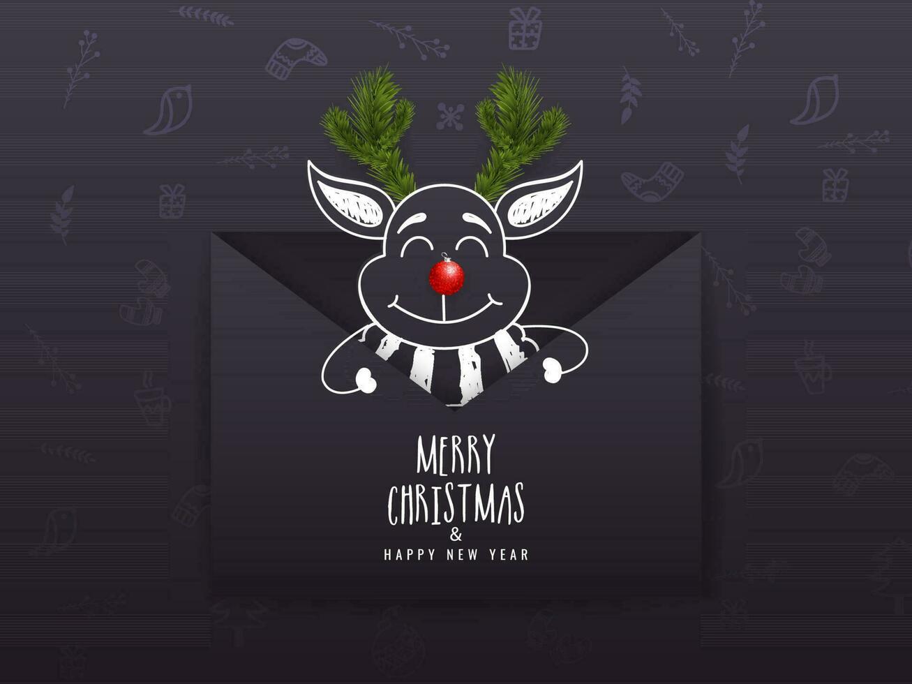 Skizzierung Rentier Karikatur Charakter im Briefumschlag von fröhlich Weihnachten und glücklich Neu Jahr und Festival Elemente Muster auf schwarz Hintergrund. vektor