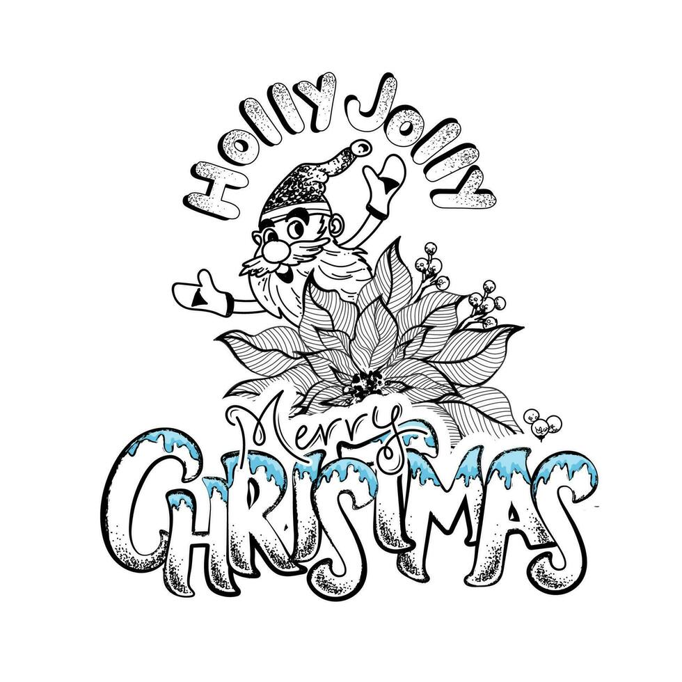 Gekritzel Stil Stechpalme lustig fröhlich Weihnachten Text mit heiter Santa claus und Weihnachtsstern Blume auf Weiß Hintergrund. vektor