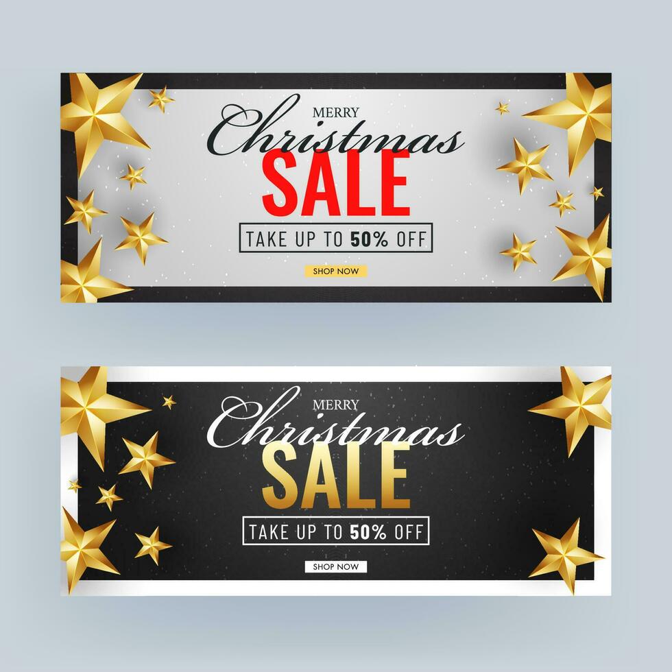 schwarz und Weiß Verkauf Header oder Banner Design dekoriert mit golden Sterne und Rabatt Angebot zum fröhlich Weihnachten Feier. vektor