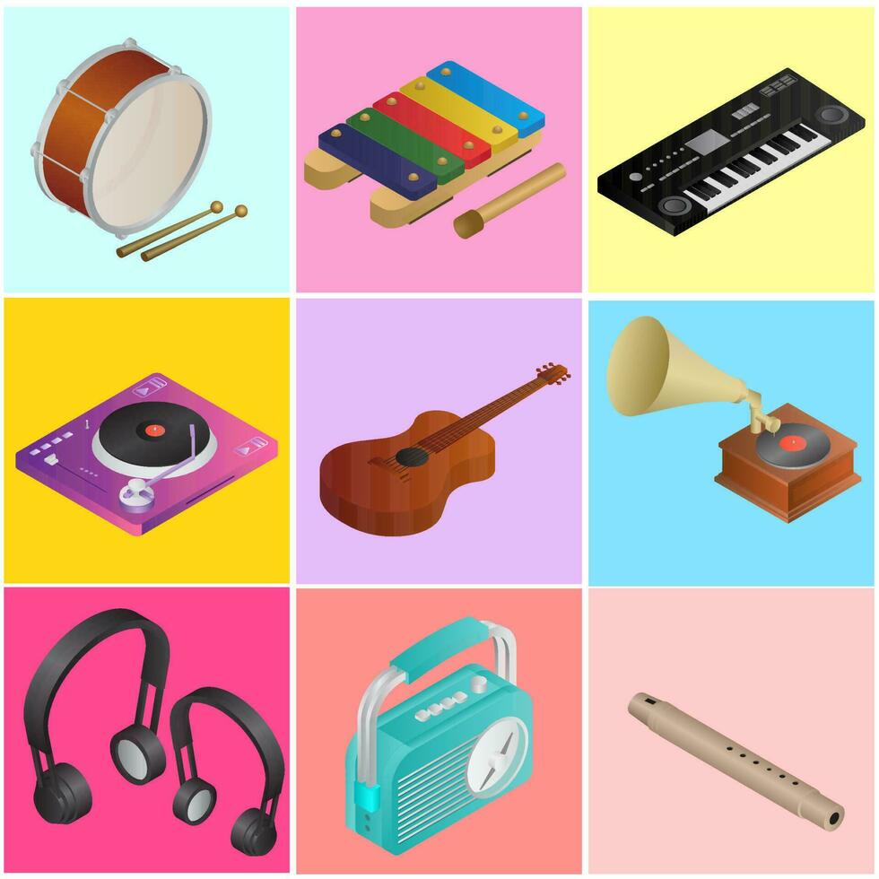 3d illustration av musikalisk instrument samling på annorlunda Färg bakgrund. vektor