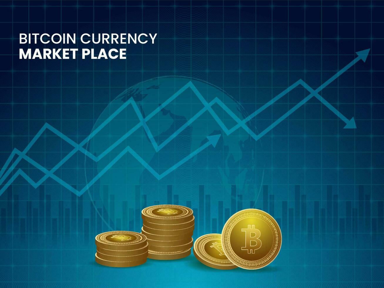 Bitcoin Währung Markt Platz Konzept basierend Poster Design mit blaugrün weltweit Wachstum Hintergrund. vektor