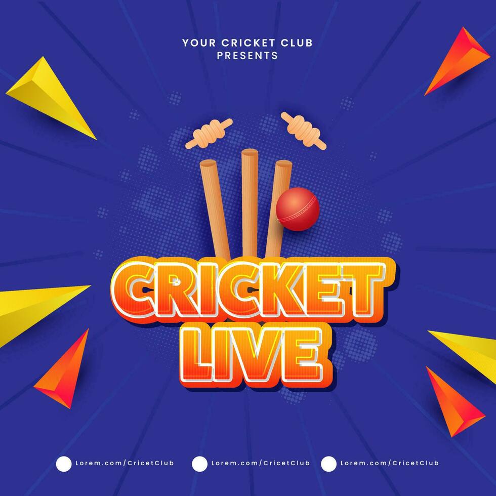 klistermärke stil cricket leva text med 3d röd boll slå grind stubbar och geometrisk triangel element på blå halvton strålar bakgrund. vektor