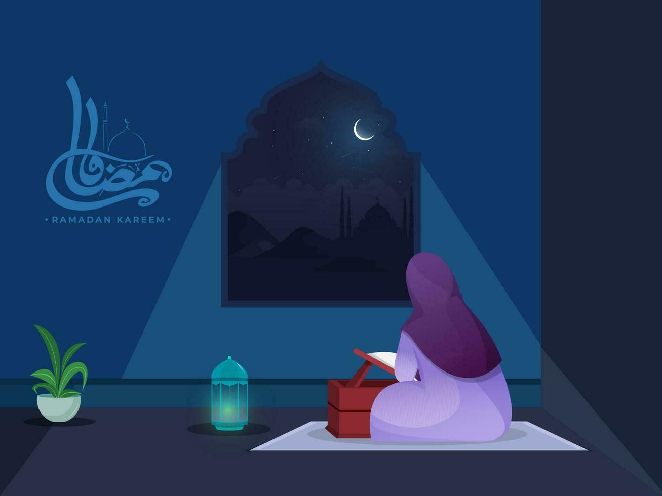 arabicum kalligrafi av ramadan kareem med tillbaka se av muslim kvinna läsning quran och belyst lykta på blå nattetid bakgrund. vektor