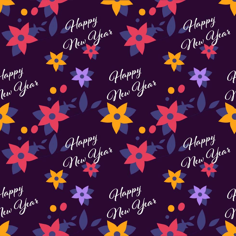 endlos glücklich Neu Jahr Schriftart mit Blumen- Muster Hintergrund. vektor