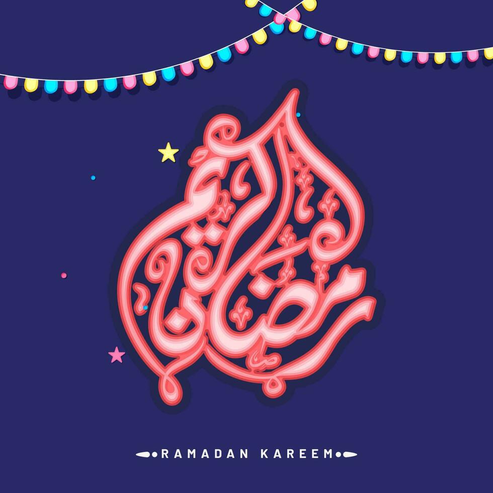 Aufkleber Stil Ramadan kareem Kalligraphie im Arabisch Sprache und bunt Girlande auf Blau Hintergrund. vektor