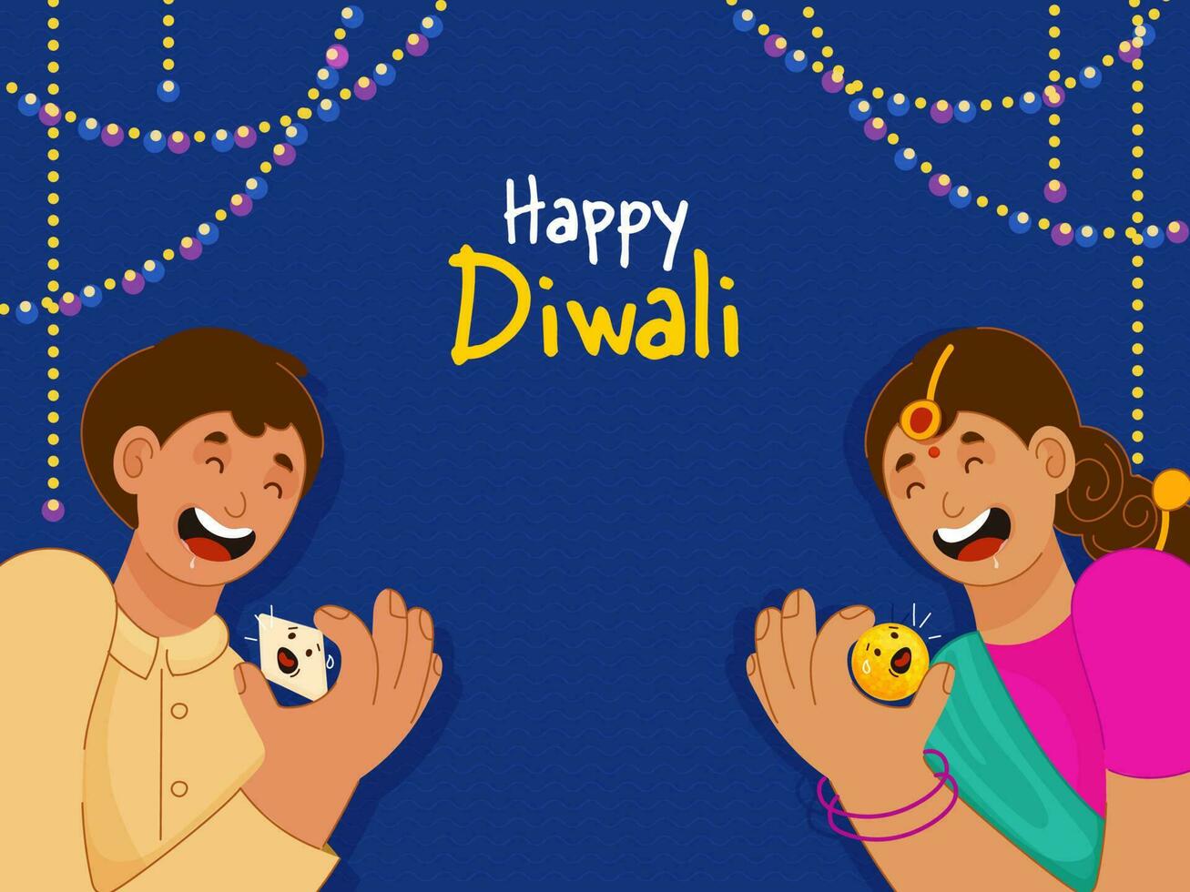 glücklich Diwali Feier Konzept mit indisch jung Junge und Mädchen Essen Süßigkeiten auf Blau wellig Linien Hintergrund. vektor