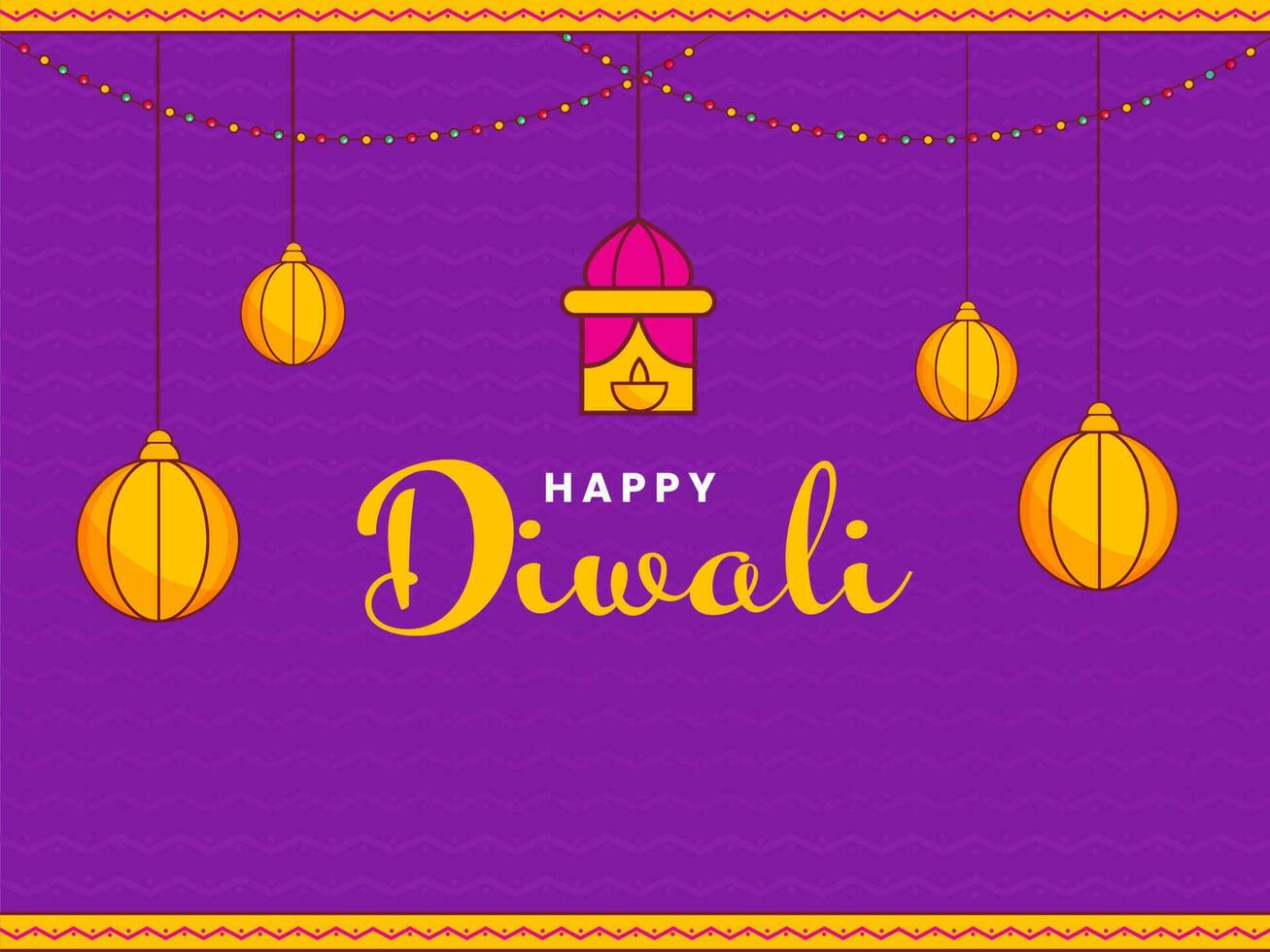 glücklich Diwali Schriftart mit Laterne, Kugeln hängen auf lila Zickzack- Linien Hintergrund. vektor