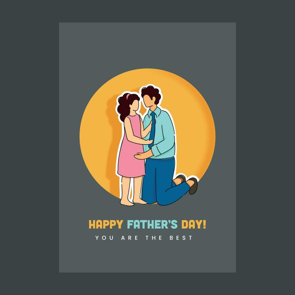 glücklich Vaters Tag Gruß Karte mit Papier Schnitt Mann umarmen ihr Tochter auf grau Hintergrund. vektor