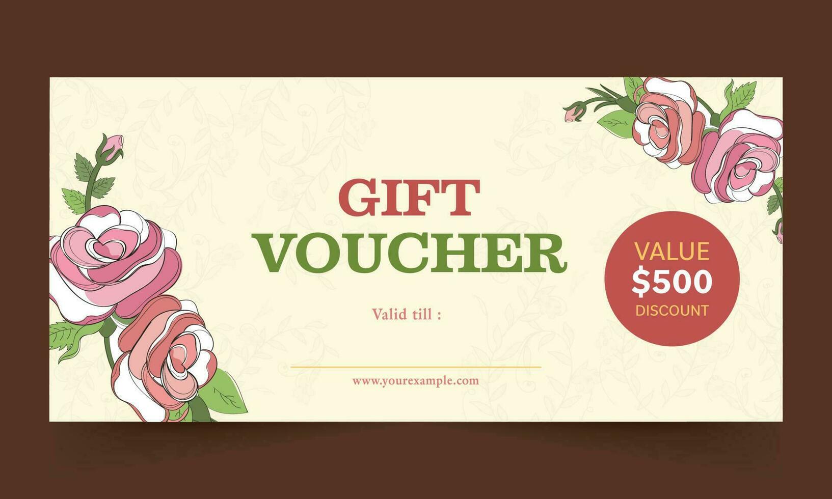 gåva voucher eller kupong horisontell mall layout med reste sig blommor i pastell gul Färg. vektor