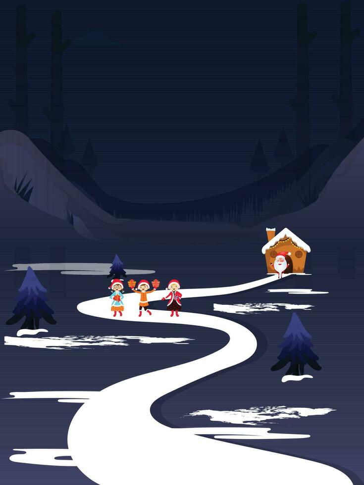 Karikatur Santa claus mit heiter Kinder halten Geschenk Kasten, Weihnachten Baum und Haus Illustration auf Blau Schnee Hintergrund zum fröhlich Weihnachten. vektor