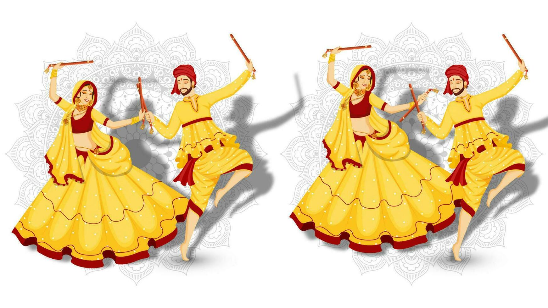 einstellen von Paar Charakter Tanzen mit Dandiya Stöcke auf Weiß Mandala Blumen- Hintergrund. vektor